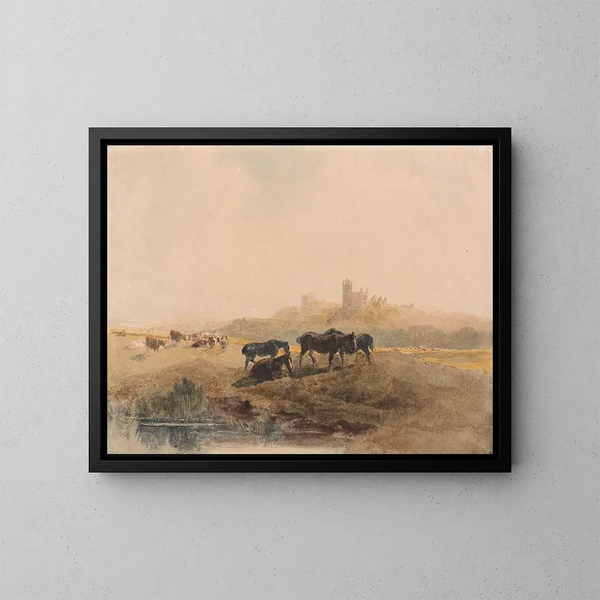 Horses resting in a meadow near Bolsover Castle - Peter DeWint — framed artwork on a wall