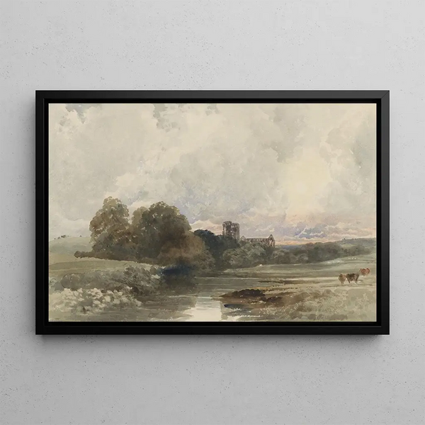 Evening landscape painting with the ruins of Kirkstall Abbey, Yorkshire - Peter De Wint — framed artwork on a wall