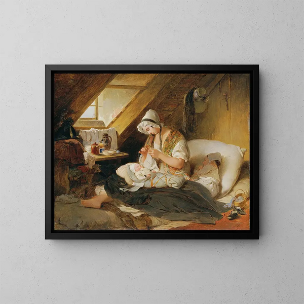 The Poor Widow of Officer - Peter Fendi — framed artwork on a wall