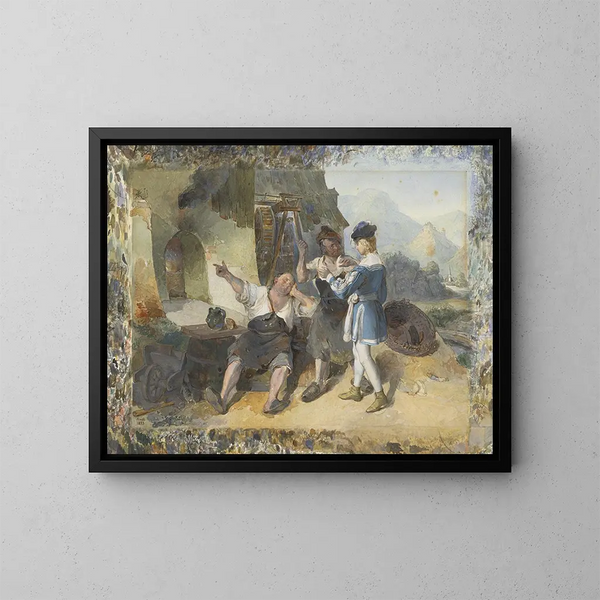 Fridolin and two workers at the forge - Peter Fendi — framed artwork on a wall