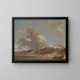 Coastal landscape painting with a ferry - Peter Francis Bourgeois — framed artwork on a wall