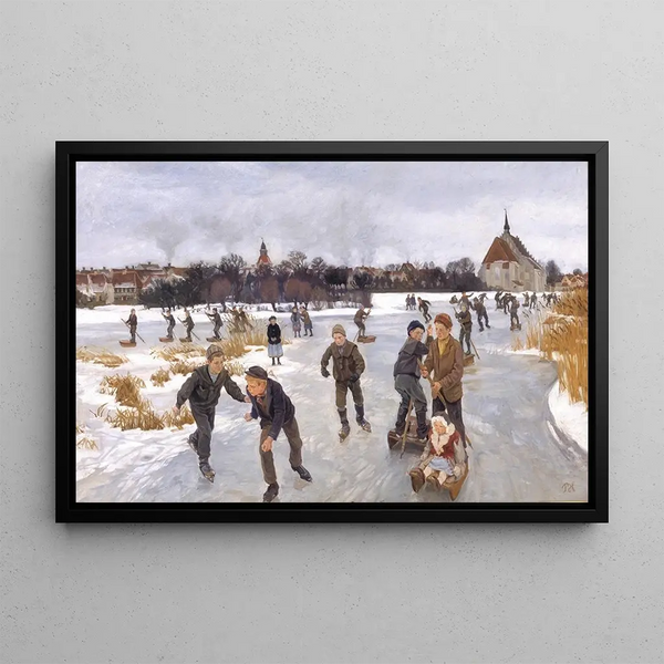 Children skating outside Faaborg - Peter Hansen — framed artwork on a wall