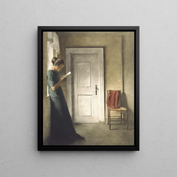 Interior painting with a red shawl - Peter Ilsted — framed artwork on a wall