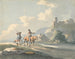 Composition of Two Travelers and a Dog on a Road Passing in Front of Cottages with Ruins on a Hill - Peter La Cave — artwork view