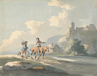 Composition of Two Travelers and a Dog on a Road Passing in Front of Cottages with Ruins on a Hill - Peter La Cave — artwork view