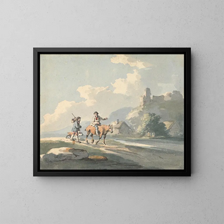 Composition of Two Travelers and a Dog on a Road Passing in Front of Cottages with Ruins on a Hill - Peter La Cave — framed artwork on a wall