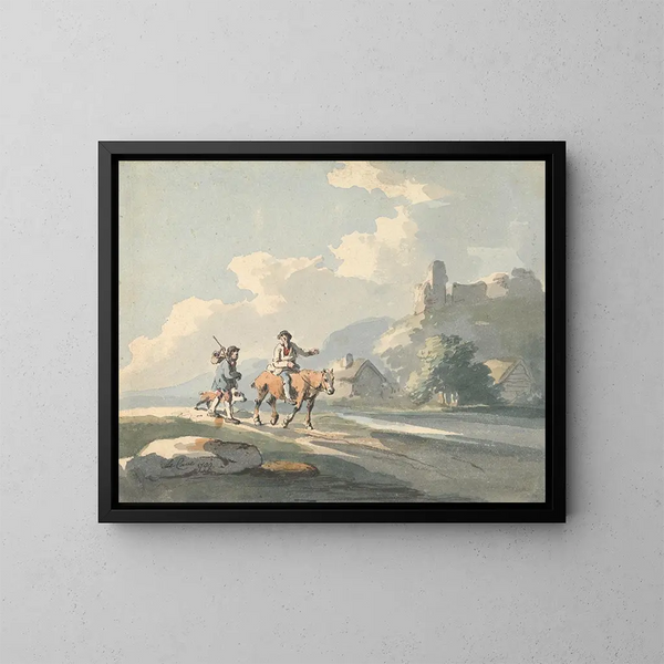 Composition of Two Travelers and a Dog on a Road Passing in Front of Cottages with Ruins on a Hill - Peter La Cave — framed artwork on a wall