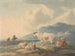 Mountain landscape painting with cows and goats in the foreground and figures on the left - Peter La Cave — artwork view