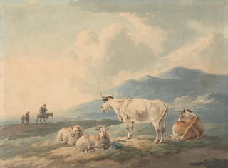 Mountain landscape painting with cows and goats in the foreground and figures on the left - Peter La Cave — artwork view