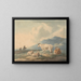 Mountain landscape painting with cows and goats in the foreground and figures on the left - Peter La Cave — framed artwork on a wall