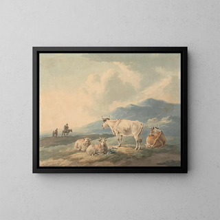 Mountain landscape painting with cows and goats in the foreground and figures on the left - Peter La Cave — framed artwork on a wall