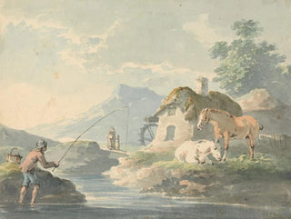 Rustic Scene Painting: man fishing to the left of a cottage with a watermill and horses to the right - Peter La Cave — artwork view