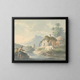 Rustic Scene Painting: man fishing to the left of a cottage with a watermill and horses to the right - Peter La Cave — framed artwork on a wall