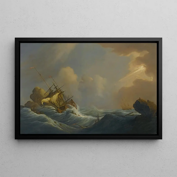 A shipwreck in rough weather Another ship in the distance - Peter Monamy — framed artwork on a wall