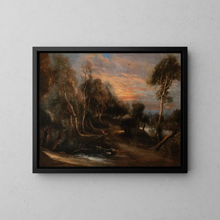 a wooded landscape at sunset - Peter Paul Rubens — framed artwork on a wall