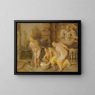 La découverte du bébé Érichthonios par les filles de Cécrops - Peter Paul Rubens — framed artwork on a wall