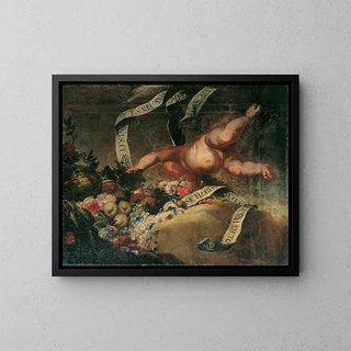 Putto avec fleurs, fruits et banderole - Peter Strudel — framed artwork on a wall