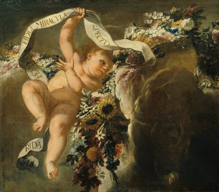 Putto with flower garland and banner - Peter Strudel — artwork view