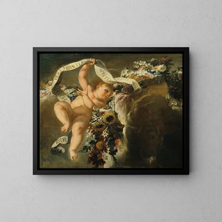 Putto with flower garland and banner - Peter Strudel — framed artwork on a wall