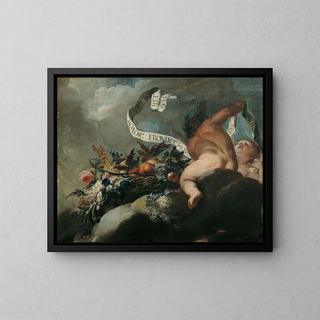 Deux putti avec des fleurs, des fruits et une banderole - Peter Strudel — framed artwork on a wall