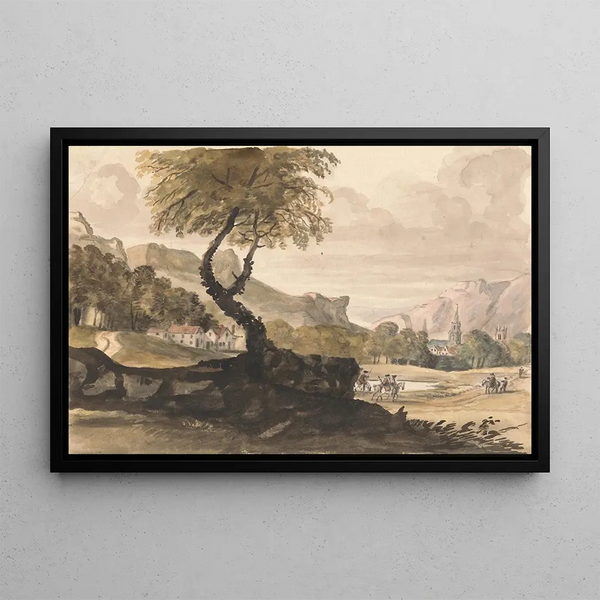 Scene with rolling landscape, village, and rider - Peter Tillemans — framed artwork on a wall