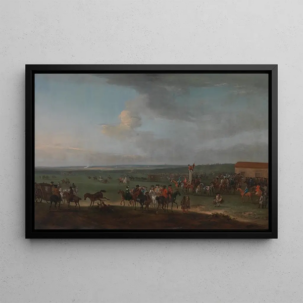 The Racecourse at Newmarket, Cambridgeshire, preparations for the King's Plate - Peter Tillemans — framed artwork on a wall