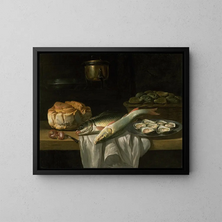 Nature morte avec un brochet et une carpe - Peter van Boucle — framed artwork on a wall