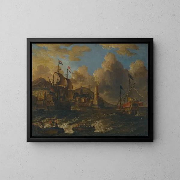 Dutch ships at sea off a fortified city - Peter van de Velde — framed artwork on a wall