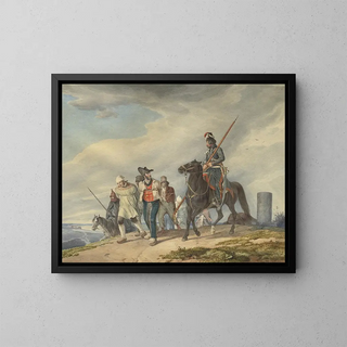 Three armed horsemen escorting prisoners near Reims - Peter von Hess — framed artwork on a wall