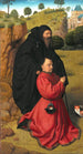 Panel of an altar with a portrait of a donor in scarlet under the protection of Saint Anthony - Petrus Christus — artwork view