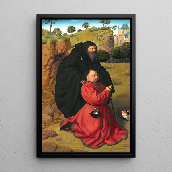 Panel of an altar with a portrait of a donor in scarlet under the protection of Saint Anthony - Petrus Christus — framed artwork on a wall