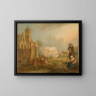 Landscape painting with peasants and cows - Petrus Johannes van Regemorter — framed artwork on a wall