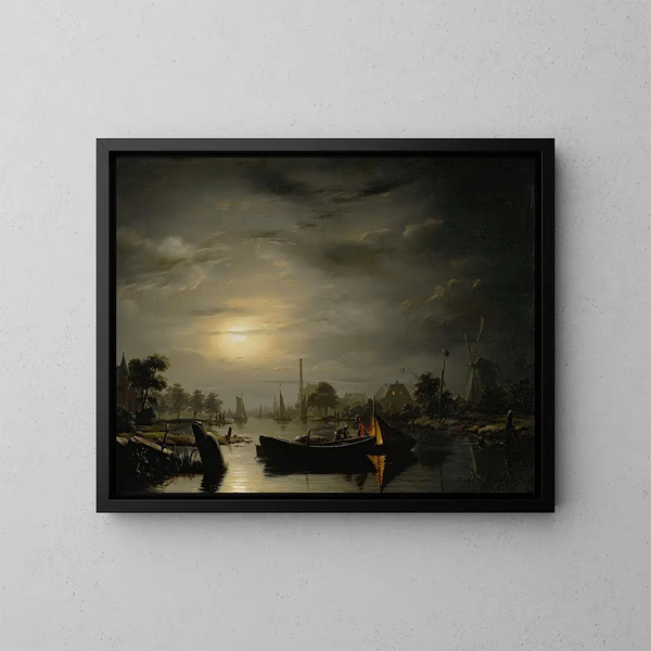 a moonlit silver river landscape - Petrus van Schendel — framed artwork on a wall