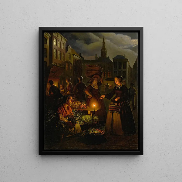 a Vegetable Market in Moonlight on the Grote Markt in The Hague - Petrus van Schendel — framed artwork on a wall