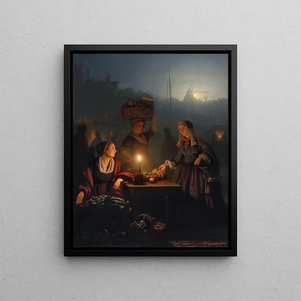 Buy fruits and vegetables at the night market - Petrus van Schendel — framed artwork on a wall