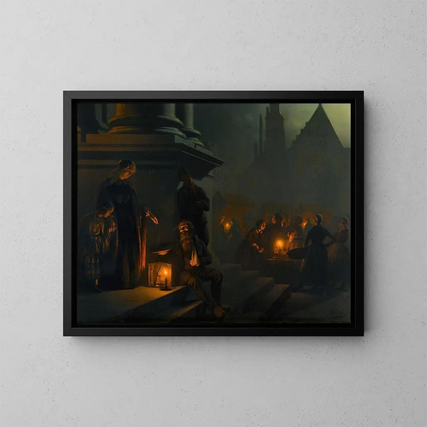 Charité au marché nocturne - Petrus van Schendel — framed artwork on a wall