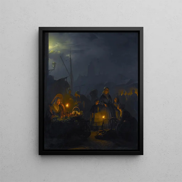 Dutch Market under Moonlight - Petrus van Schendel — framed artwork on a wall