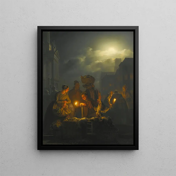 Dutch Night Market Painting at the Kaasmarkt Rotterdam - Petrus van Schendel — framed artwork on a wall