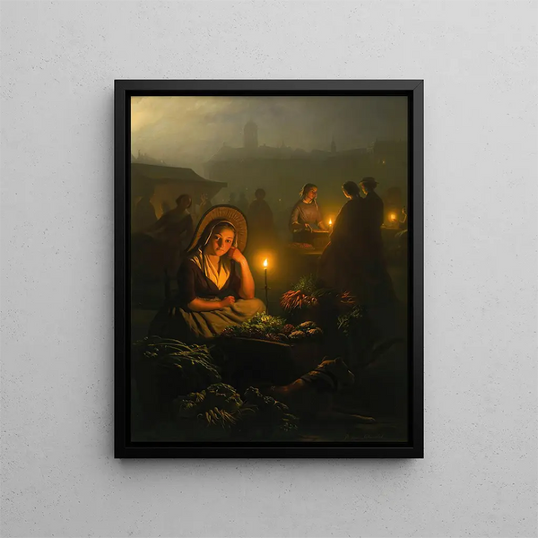 Night Market in Amsterdam with the Dam Palace and the Nieuwe Kerk in the background - Petrus van Schendel — framed artwork on a wall