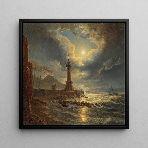 Lighthouse in the port of Naples by moonlight - Joseph Rebell — framed artwork on a wall
