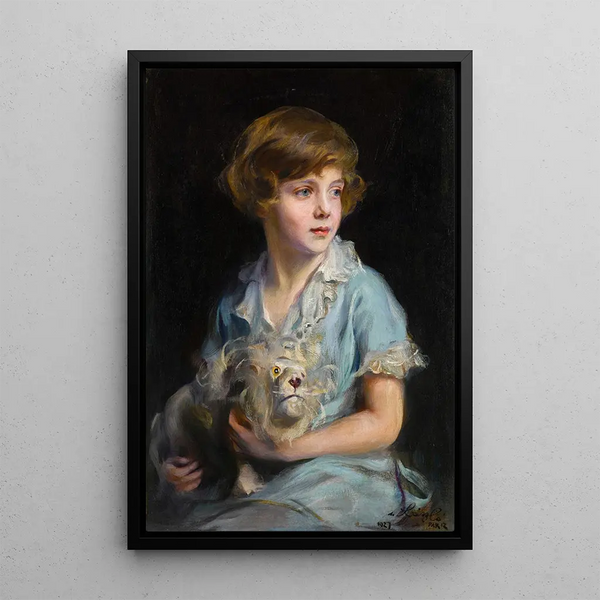 Portrait of a child with a Steiff lion - Philip Alexius de László — framed artwork on a wall
