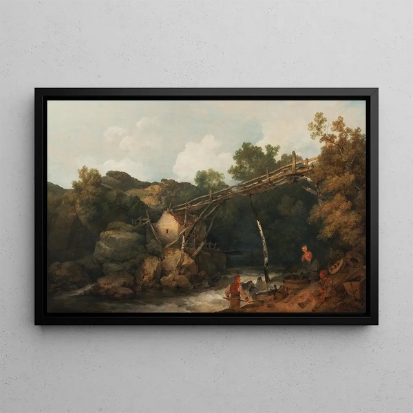 View near Matlock Derbyshire with characters working under a wooden conveyor - Philip James de Loutherbourg — framed artwork on a wall