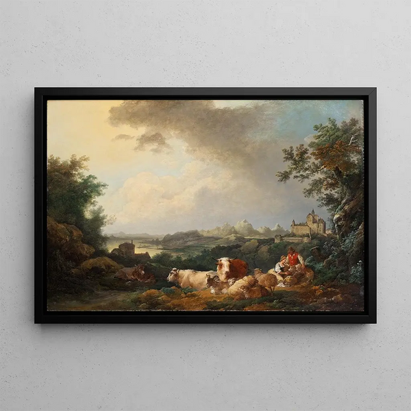 Landscape painting with resting cattle - Philip James de Loutherbourg — framed artwork on a wall