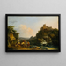 Landscape painting with waterfall, castle, and peasants - Philip James de Loutherbourg — framed artwork on a wall