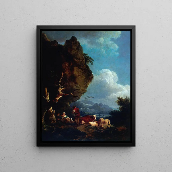 Landscape with Shepherds - Philip James de Loutherbourg — framed artwork on a wall