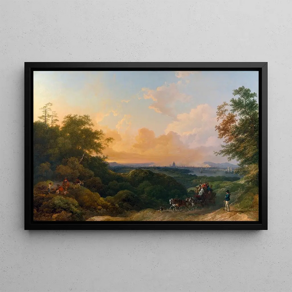 The Evening Stagecoach, London in the Distance - Philip James de Loutherbourg — framed artwork on a wall
