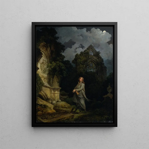 Visitor of a cemetery by moonlight - Philip James de Loutherbourg — framed artwork on a wall