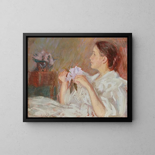 Dame in White Holding Lilacs - Philip Leslie Hale — framed artwork on a wall