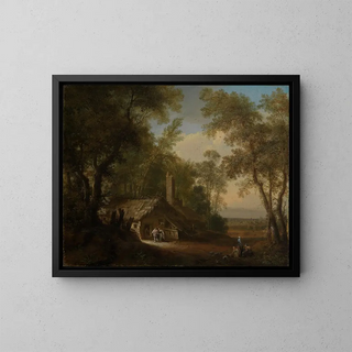 Farm between trees in midday light circa 1743-1745 - Philipp Hieronymus Brinckmann — framed artwork on a wall