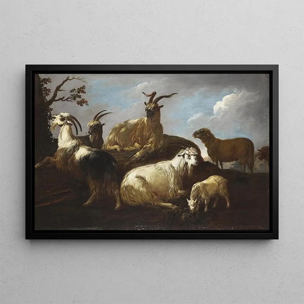 Goats and Sheep in a Landscape - Philipp Peter Roos — framed artwork on a wall